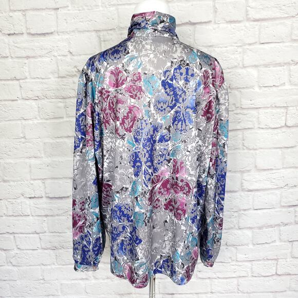 Vintage Blouse Polyester Gray Purple Floral Neck Tie Detail Fits a L/XL - Picture 9 of 12